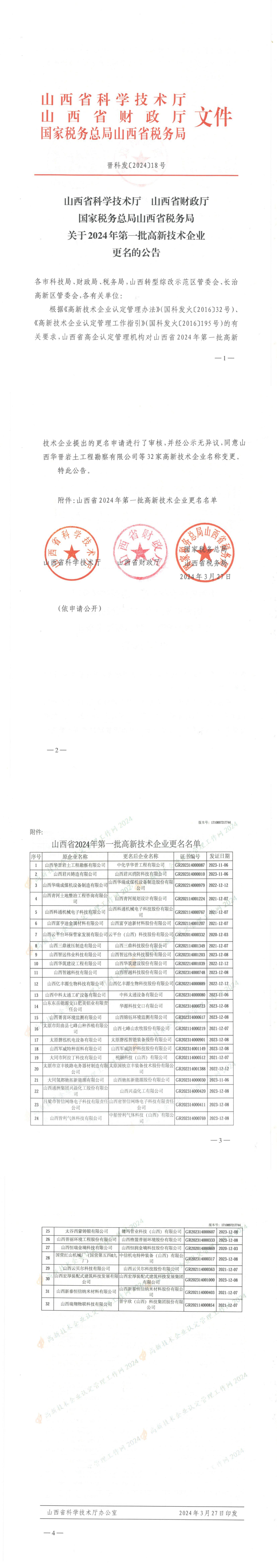 山西省认定机构：山西省科学技术厅 山西省财政厅 国家税务总局山西省税务局关于2024年第一批高新技术企业更名的公告_00.png