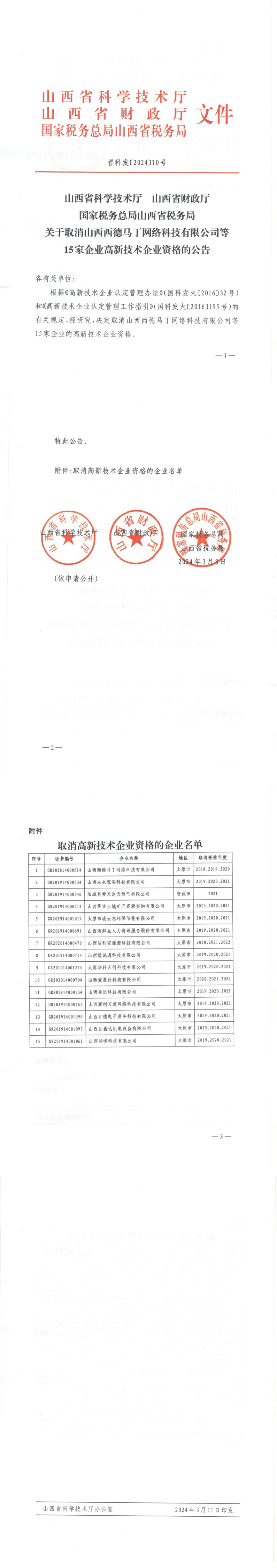 山西省认定机构_山西省科学技术厅 山西省财政厅 国家税务总局山西省税务局关于取消山西西德马丁网络科技有限公司等15家企业高新技术企业资格的公告_00.png